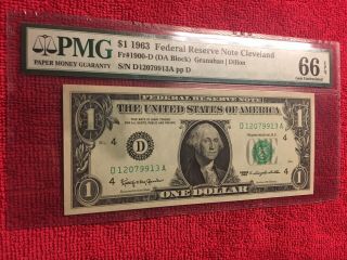 Fr.  1900 - D 1963 1 Dollar Federal Reserve Note (Cleveland) DA Block PMG 66EPQ 3