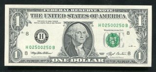 1993 $1 Federal Reserve Note St Louis,  Mo “repeater Serial H02500250b” Gem Unc