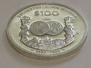 1991 Mo Mexico Coin $100 Pesos Silver.  925 Encuentro De Dos Mundos Proof Km 540
