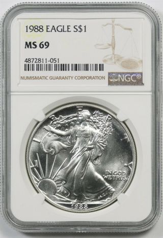 1988 Silver Eagle $1 Ms 69 Ngc 1 Oz Fine Silver