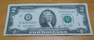 B 18181218 A Binary Repeater Fancy Serial Number $2 Dollar Bank Note