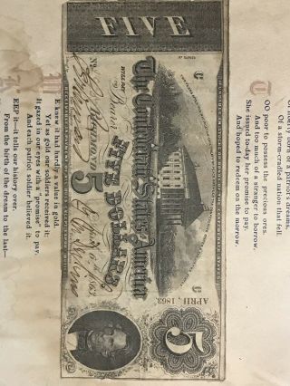 Civil War Confederate 1863 5 Dollar Bill Richmond Virginia Paper Money Note CSA 3