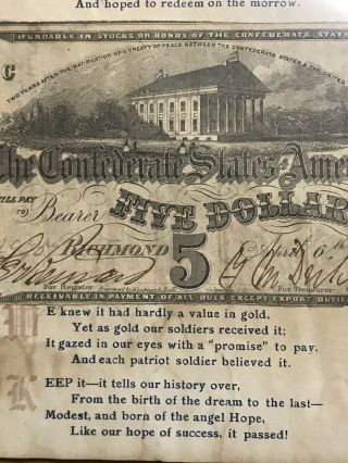 Civil War Confederate 1863 5 Dollar Bill Richmond Virginia Paper Money Note CSA 4