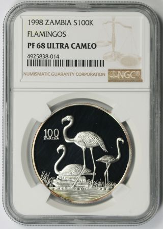 1998 Zambia Flamingos S100k Silver 100 Kwacha Proof Pf 68 Ultra Cameo Ngc