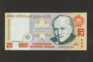 Peru 20 Nuevos Soles Banknote,  16.  6.  1994,  Uncirculated,  Cat 158