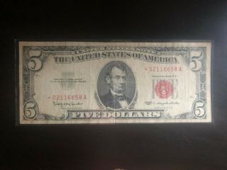 Rare 1963 Red Seal U.  S.  Treasury Note $5 Five Dollar Bill Bank Note.  Star Note