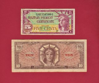 Two Usa Mpcs: $10.  00 1965 Series 641 (p - M63),  & 5 Cents 1959,  Series 591 (p - M7)