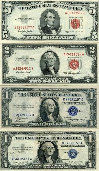 1963 $5 Red Seal,  1953 $2 Red Seal,  1935 - A & 1957 - A $1 Sil Cer.  Starts@ 2.  99
