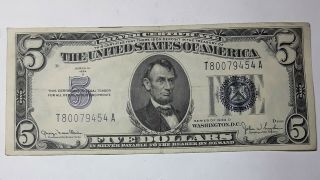 $5 Five Dollar 1934 - D Silver Certificate Blue Seal Note Us Currency.