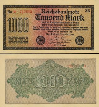 Germany 1000 Mark Reichsbanknote 1922 Unc P.  76b Star Prefix Watermark :thorns