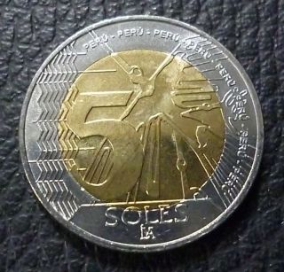 Peru Bimetallic Coin 5 Soles,  Kmnew Unc 2016 - Nazca Lines (condor)
