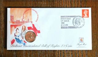 Royal Fdc 1989 Bu Tercentenary Bill Of Rights Two Pounds Coin And Cover