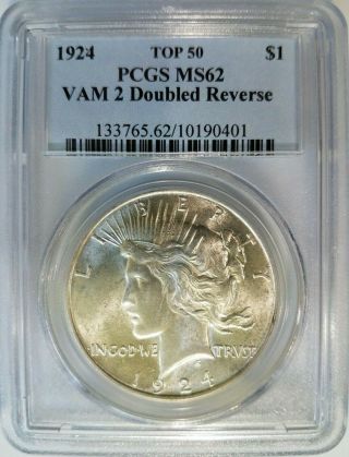 1924 Silver Peace Dollar Pcgs Ms 62 Vam 2 Double Reverse Error Top 50 Coin