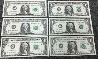 1999 $1 Federal Reserve Star Notes Partial District Set,  6 Unc Star Notes End 26