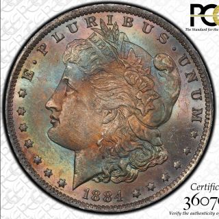 1884 - O Ms63 Pcgs Toned Morgan Silver Dollar Double Sided Rainbow Toning Trueview