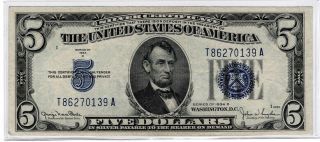 1934 Series $5 Silver Certificate,  Large Blue Seal,  Xf Old Money