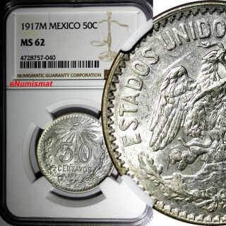 Mexico Estados Unidos Mexicanos Silver 1917 M 50 Centavos Ngc Ms62 Km 445