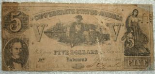T37 Confederate Five Dollars Lithograph On Bank Note Paper 1861 Issue