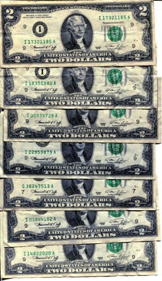 B2 Seven 1976 $2 Two Dollar Bills Paper Currency Federal Reserve Notes Money
