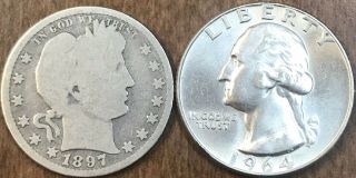 2 Silver Quarters: 1897,  1964 - D; In Usa