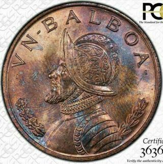 1966 Panama 1 Balboa Bu Uncirculated Pcgs Ms65 Color Toned Coin In