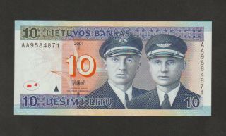 Lithuania 10 Litu Banknote,  2001,  Choice Uncirculated,  Cat 65 " The Pilots "
