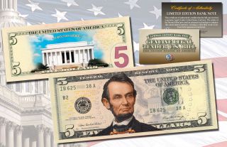 Lincoln Memorial Day Version Legal Tender Colorized 2 - Sided $5 Us Bill