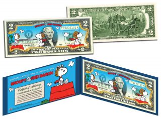 Peanuts Snoopy Vs Red Baron Legal Tender Us $2 Bill Licensed Charlie Brown