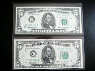 $5 1950 ( (c Philadelphia))  And $5 1963 C Federal Reserve Note Choice Xf Note