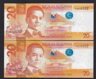 Philippines 20 Peso Ngc Solid Serial 222222 (2018,  2016j) 2 Notes Uncirculated