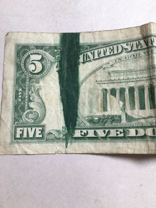 $5 Five Dollar Bill York 1974 W/ink Large Smear Error Mistake (circulated)