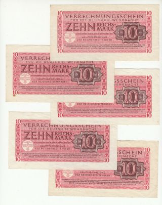 Germany Wwii 5x 10 Reichsmark 1944 Circ.  Pm40 @