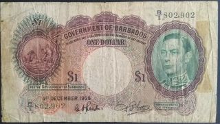 Barbados $1 One Dollar P 2 King George Kgvi Wwii British Colony 1939 Fine Ww2