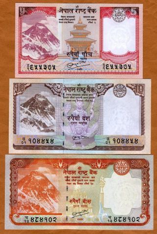 Set Nepal,  5;10;20 Rupees (2009 - 2010),  Picks 60 - 61 - 62 Unc Everest,  Animals