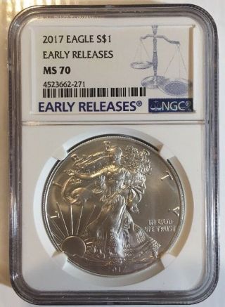 2017 $1 American Silver Eagle Ngc Ms70 Early Releases Blue Er Label