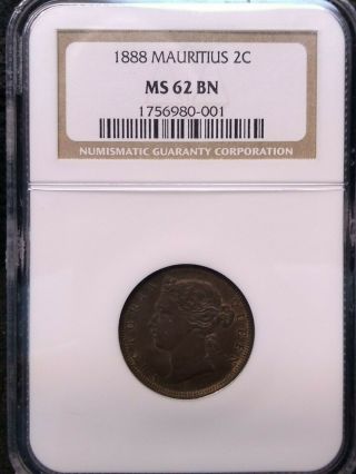 1888 British Africa Mauritius 2 Cent Coin Ngc Rated Ms62