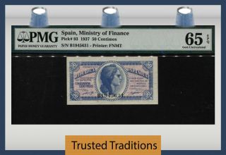 Tt Pk 93 1937 Spain Ministry Of Finance 50 Centimos Pmg 65 Epq Gem Uncirculated