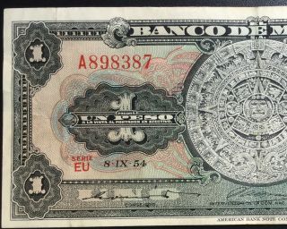 Mexico 1954 $1 Peso Aztec Sun Stone Serie Eu (a898387) Note