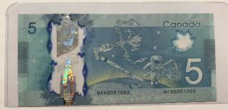 Low Serial Number On 2013 Canadian $5 Banknote