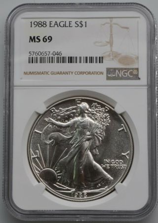1988 Silver American Eagle 1oz Silver Coin $1 Ngc Ms 69 Blast White Just Graded