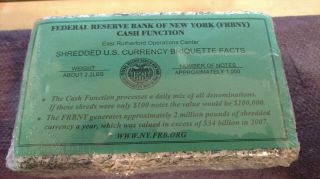 Federal Reserve Bank Of York Frbny Shredded U.  S.  Currency Briquette 2.  2 Lbs