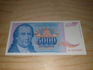 Zero Serial - Yugoslavia 5000 Dinara 1994.  Unc - Zero Serial Number