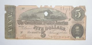 Civil War 1864 $5.  00 Confederate States Horse Blanket Note 766