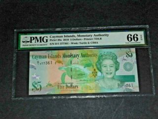 Cayman Islands,  Monetary Authority Pmg 66 Gem Unc Epq 2010 5 Dollars Pick 39a