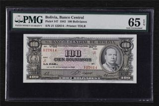 1945 Bolivia Banco Central 100 Bolivianos Pick 147 Pmg 66 Epq Gem Unc