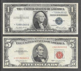 1935e $1 & 1963 $5 Star - (2) Red Seal & Silver Certificate Replacement Notes