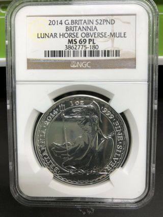 2014 Great Britain Silver 2 Pound Britannia Ngc Ms69pl Lunar Horse Obverse - Mule