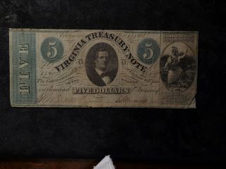 1862 $5.  00 Virginia Treasury Note Obsolete Type Note