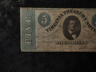 1862 $5.  00 Virginia Treasury Note Obsolete Type Note 2