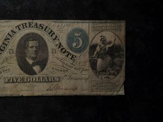 1862 $5.  00 Virginia Treasury Note Obsolete Type Note 3